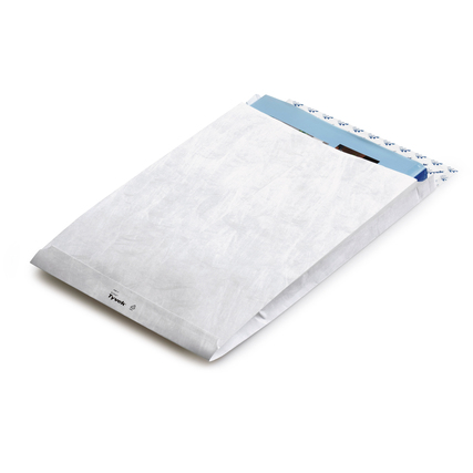 Weiße, faltbare Tyvek®-Tasche im DIN E4-Format ohne Fenster, geschlossen und seitlich sichtbar.