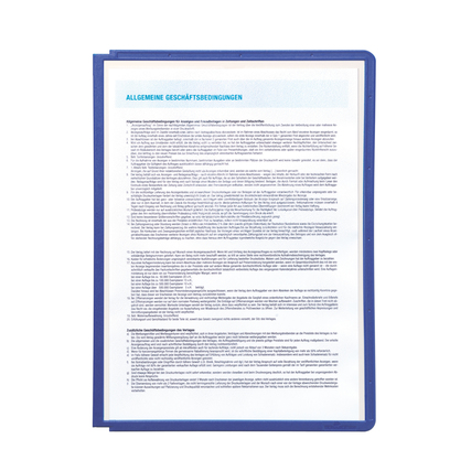 Blaulila Sichttafel mit transparentem Innenblatt für Dokumente und textlichen Informationen.