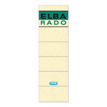 Grünes Ordnerrückenetikett mit 5 Beschriftungsfeldern und dem Schriftzug "ELBA RADO".