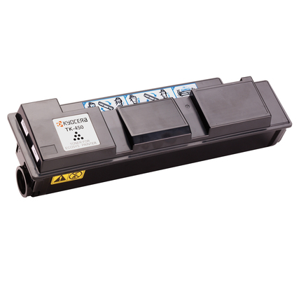 Schwarzer KYOCERA Toner TK-450 in länglicher Form mit Warnsymbolen auf der Oberseite.