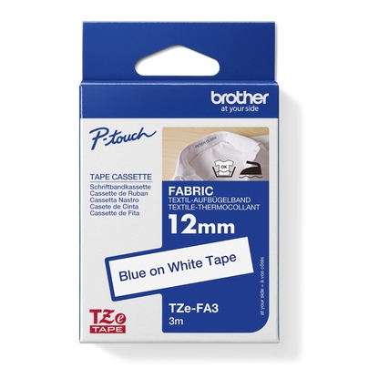 Brother Schriftbandkassette P-touch TZe-FA3 in einer weißen Verpackung, für Textilbeschriftung.