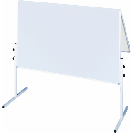 Moderationstafel mit weißer Kartonoberfläche und silbernem Rahmen, seitlich aufgenommen.