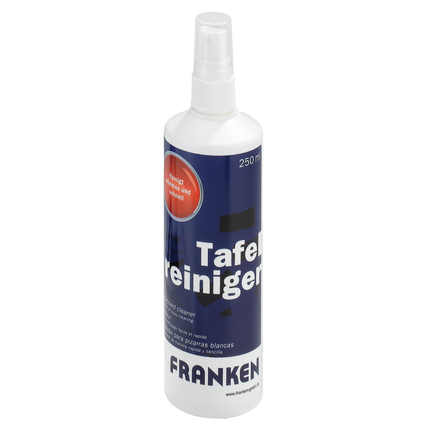 Reinigungsspray in der Flasche mit Pumpzerstäuber, beschriftet mit "Tafelreiniger 250 ml".