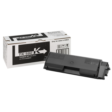 Schwarzer Toner TK-580K in der Produktverpackung auf weißem Hintergrund.