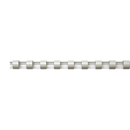 Weiße Plastikbinderücken mit einem Durchmesser von 10 mm in einer geraden Horizontalansicht.