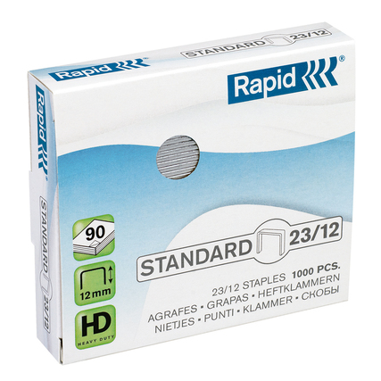 Schachtel mit 1000 Rapid Heftklammern 23/12 in Standardgröße.