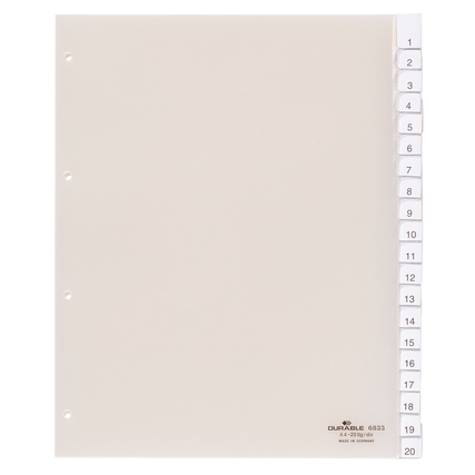 Ordnerregister in hellem Design mit nummerierten Tabs von 1 bis 20, passend für A4.