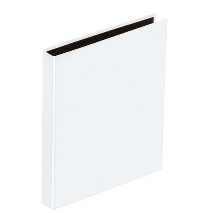 Weißes Ringbuch mit schwarzem Rücken, DIN A4, 4 Ringe, Rundmechanik, in aufrechter Ansicht.