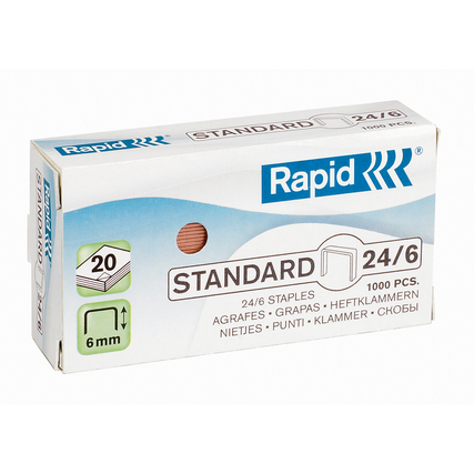 Verpackung mit Heftklammern der Größe 24/6 aus verkupfertem Stahl in einer Box mit 1000 Stück.