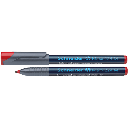 Roter Folienstift mit grauem Gehäuse und Kappe, sichtbar liegend und aufrecht stehend.