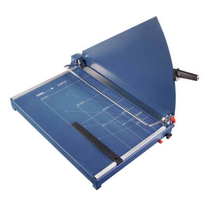 Profi-Hebelschneider in blau mit Schneidevorrichtung und Winkelanlagen für cm- und Inch-Teilung.
