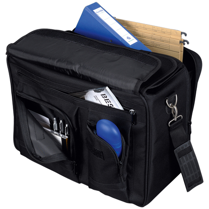 Schwarzer Pilotenkoffer mit geöffnetem Hauptfach und mehreren äußeren Taschen.