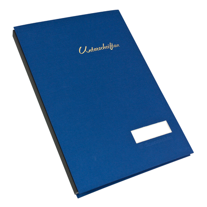 Blaue Unterschriftenmappe DIN A4 mit Einsteckfenster und goldener Schrift auf der Vorderseite.