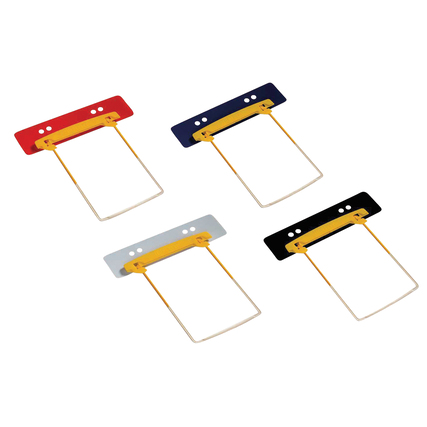 Farbige Abheftbügel in Rot, Blau, Schwarz und Transparent für Ringbücher und Ordner.