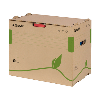 Braune Archivbox mit Liniendruck und umweltfreundlichem Design, gefaltet und aus Recyclingmaterial.