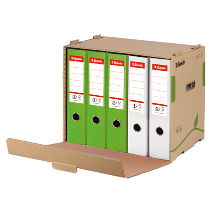 Archivbox mit mehreren Ordnern in verschiedenen Farben, auf einer geöffneten Vorderseite.