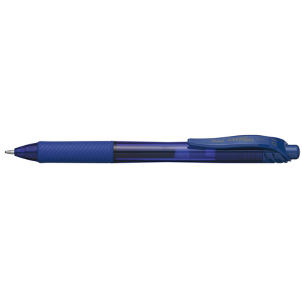 Blauer Gelschreiber mit ergonomischer Griffzone und transparentem Schaft.
