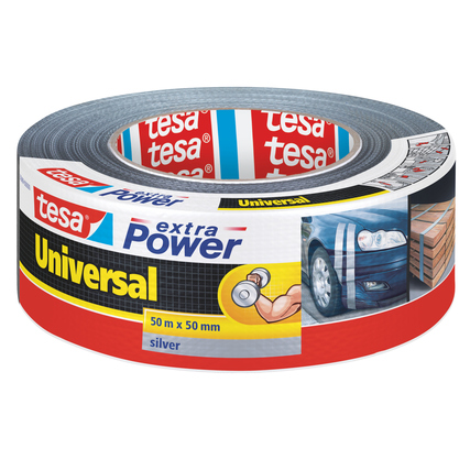Gewebeband auf Rolle in Silber mit 50 mm Breite und 50 m Länge, für Haushaltsanwendungen.