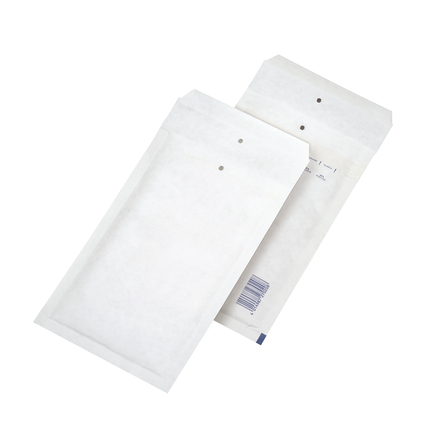 Zwei weiße Luftpolstertaschen ohne Fenster, eine Vorder- und Rückansicht, mit Haftklebung.