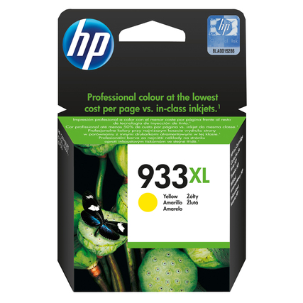 Gelbe HP Tintenpatrone 933XL in Verpackung mit Schmetterling und grüner Hintergrundgestaltung.
