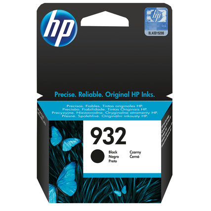 Schwarze HP Tintenpatrone 932 in Verpackung mit buntem Schmetterlingsdesign.