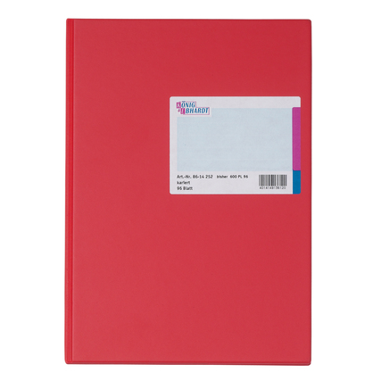 Rote Kladde mit karierten Blättern und einem kleinen Etikett auf der Vorderseite.