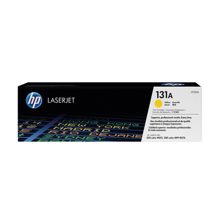 HP Tonerkassette 131A in gelber Farbe in schlichter Verpackung.