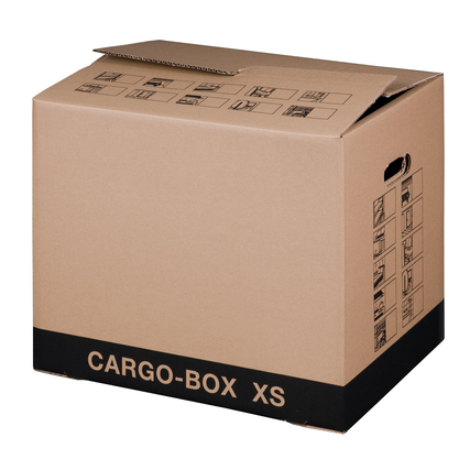 Kartonbox in braun mit schwarzer Beschriftung "CARGO-BOX XS" und seitlichen Griffen.