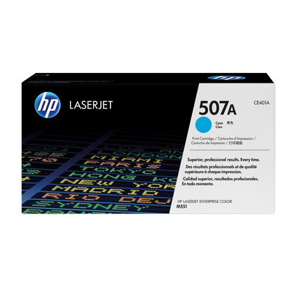 HP Toner 507A in cyan, verpackt in einer rechteckigen Kartonbox.