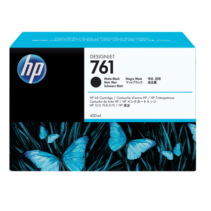 Schwarze HP Tintenpatrone 761, Matte, 400 ml, mit Schmetterlingsmuster auf der Verpackung.