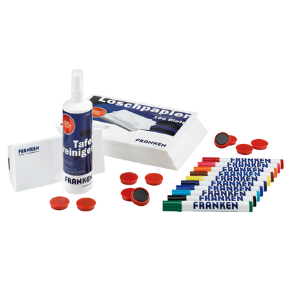 Starterset für Magnettafeln mit Reinigungsmittel, Stiften, Radierern und Papierblättern.