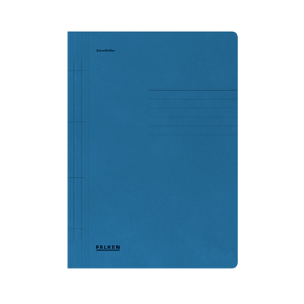 Blauer Karton-Schnellhefter mit Organisationsaufdruck auf der Vorderseite.