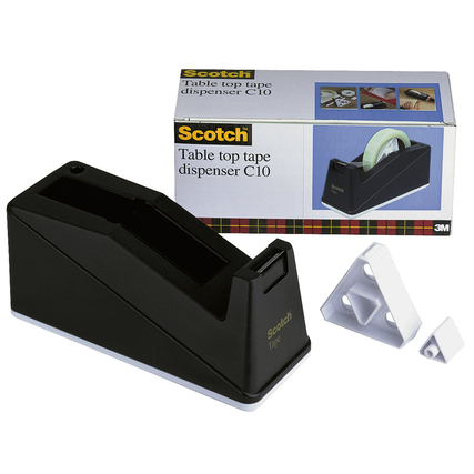 Tischabroller in schwarzer Farbe mit Klebefilm und Verpackung im Hintergrund.