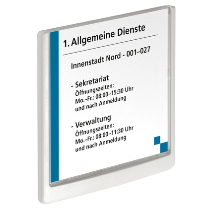 DURABLE Türschild CLICK SIGN in weiß mit sichtbarem Infoblatt und klappbarem Sichtfenster.
