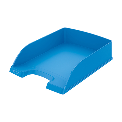 Helle blaue Briefablage im Standardformat mit offener Vorderseite und stapelbarem Design.
