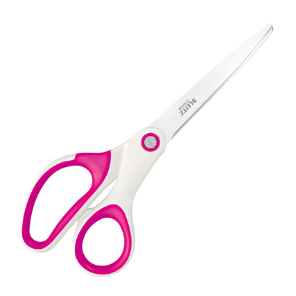 Asymmetrische Universalschere mit pinken Griffen und scharfem Blatt, 205 mm lang.
