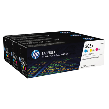Drei Tonerkassetten in einer Verpackung, die Cyan, Magenta und Gelb für HP Drucker enthält.