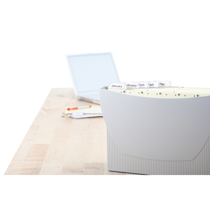 Sichtreiteretiketten in einem Ablagesystem mit Laptop und Schreibutensilien im Hintergrund.