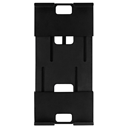 Schwarze Adapterplatte für Tablets mit Schnellverschluss und Schwenkarm-Funktion.