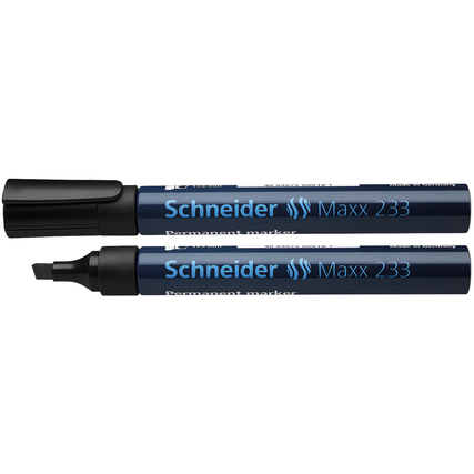 Schwarzer Permanentmarker mit zwei verschiedenen Spitzen, eine Kappe abgenommen.