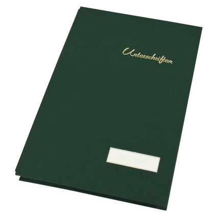 Grüne Unterschriftenmappe im DIN A4 Format mit einem Einsteckfenster und goldenem Schriftzug.