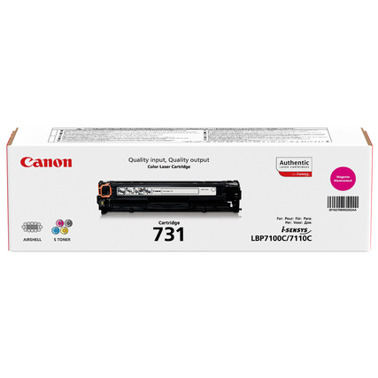 Magenta Tonerpatrone 731 in Originalverpackung mit Produktinformationen auf der Rückseite.