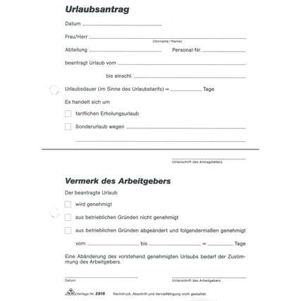 Urlaubsantrag mit Feldern für persönliche Daten, Urlaubszeitraum und Arbeitgebervermerk.