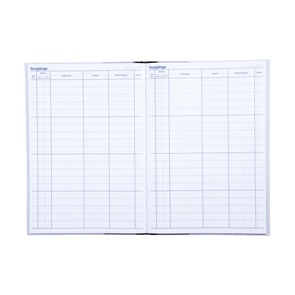 Ein offenes Postausgangsbuch mit leeren Tabellen für Einträge auf beiden Seiten.