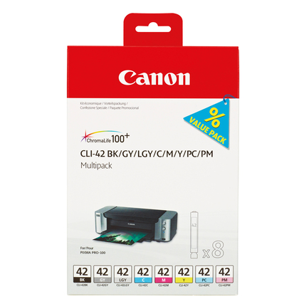 Farbige Verpackung mit Canon CLI-42 Tintenpatronen in verschiedenen Farben für Drucker.