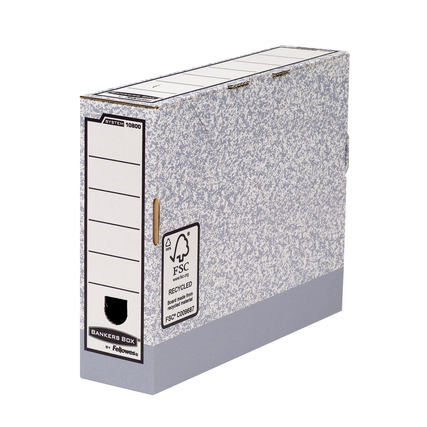 Archivschachtel in grauem Design mit FastFold™ System, seitliche Ansicht.