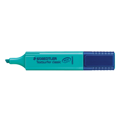 Türkiser Textmarker mit breiter Spitze und ergonomischem Griff.