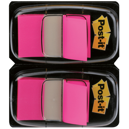 Zwei Packungen pinker Haftstreifen Index in einer Kunststoffverpackung.