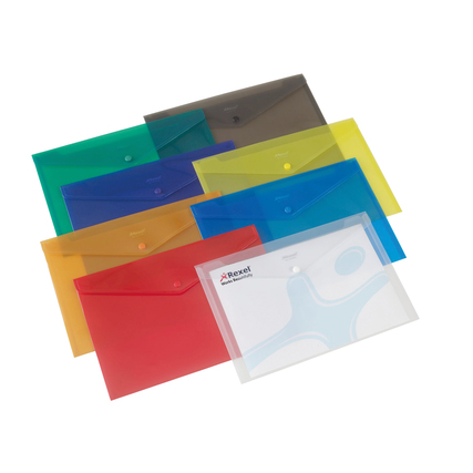 Bunte Dokumentenmappen in verschiedenen Farben, mit einem transparenten Exemplar im Vordergrund.