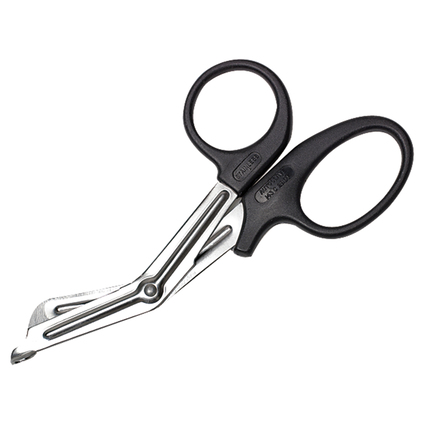 Kleiderschere mit geschwungenem Griff und gebogener Klinge aus Metall.